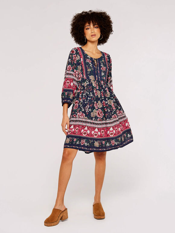 Folk Border Mini Dress, Navy, large
