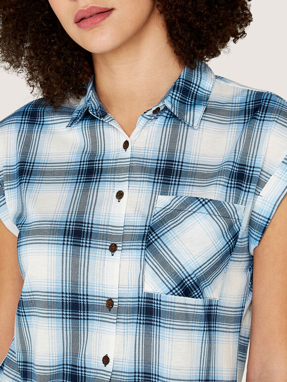 Blue Window Plaid Turn Up Sleeve Shirt, Blue, large