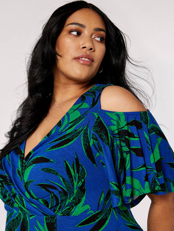 Curve Tropical Palm Midi Dress, Blue, large