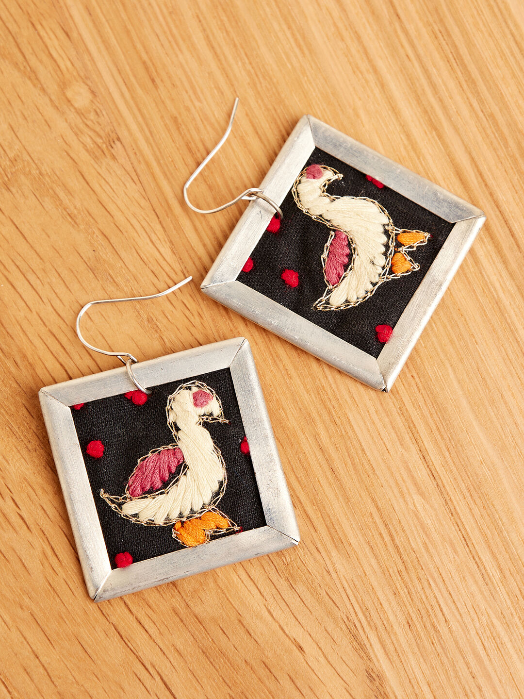 Image of Silver Tone Embroidered Bird Hook Earrings