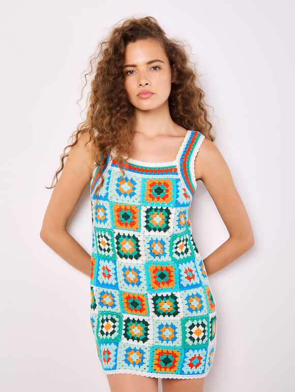 Crochet Squares Mini Dress, Green, large