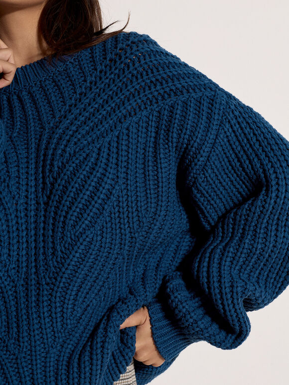 Chunky Cable Knit Jumper, Cobalt/Royal Blue, large
