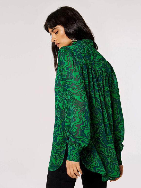 Painterly Marble Tie Neck Blouse, Green, large