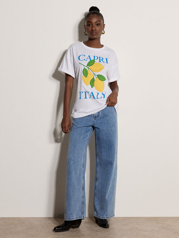 Capri Italy Lemon Cotton T-Shirt, White, large