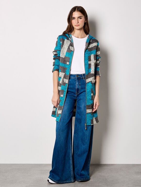 Geometric Knitted Zip-Down Cardigan, Dark Grey - Charcoal, large