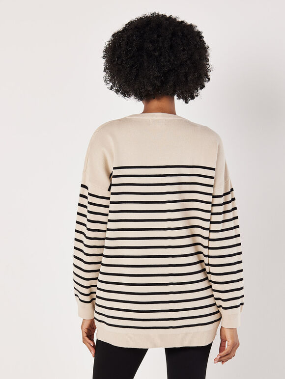 Stripe Rib Knit Longline Jumper, Stone, large