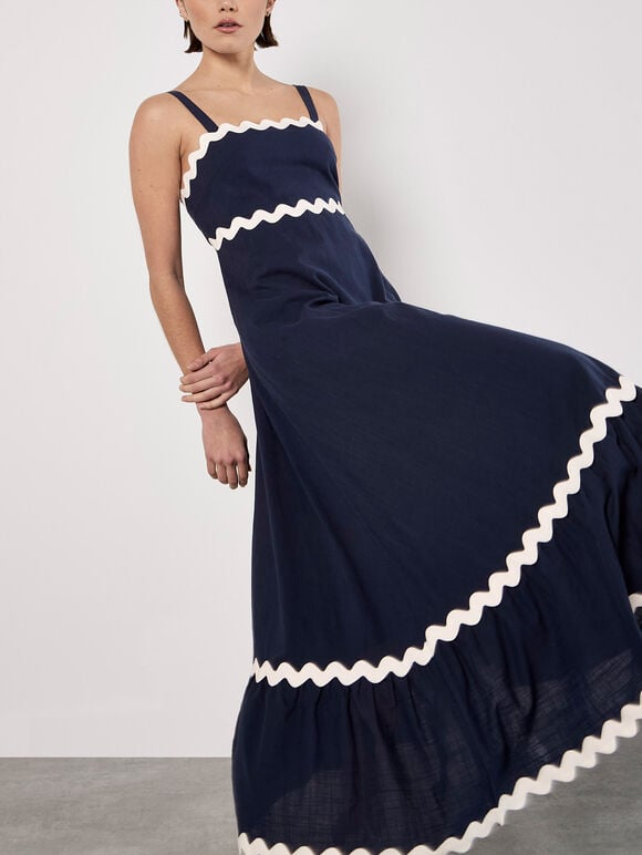 Ric Rac Trim Cotton Midaxi Dress
, Navy, large