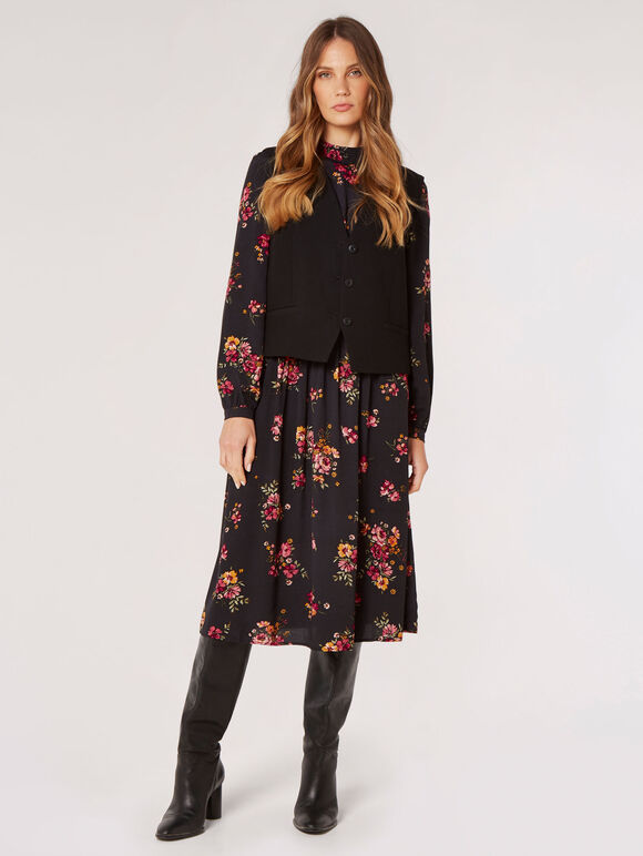 Floral Bouquet Midi Dress, Black, large