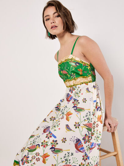 Birds And Palms Print Midi Dress
