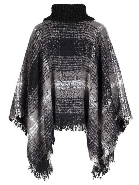 Stone, Black & White Check Boucle Poncho Jumper, Stone, large
