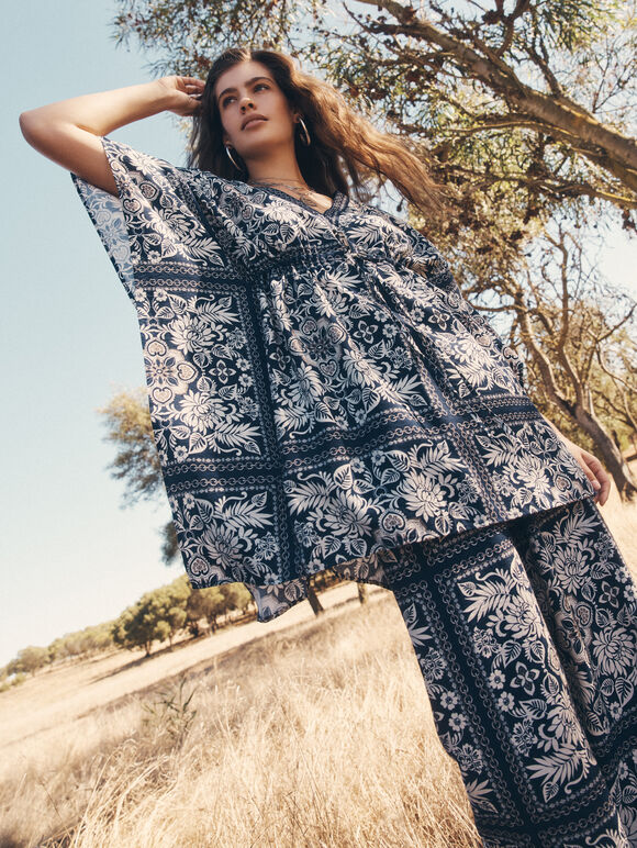 Scarf Print Kimono Mini Dress, Navy, large