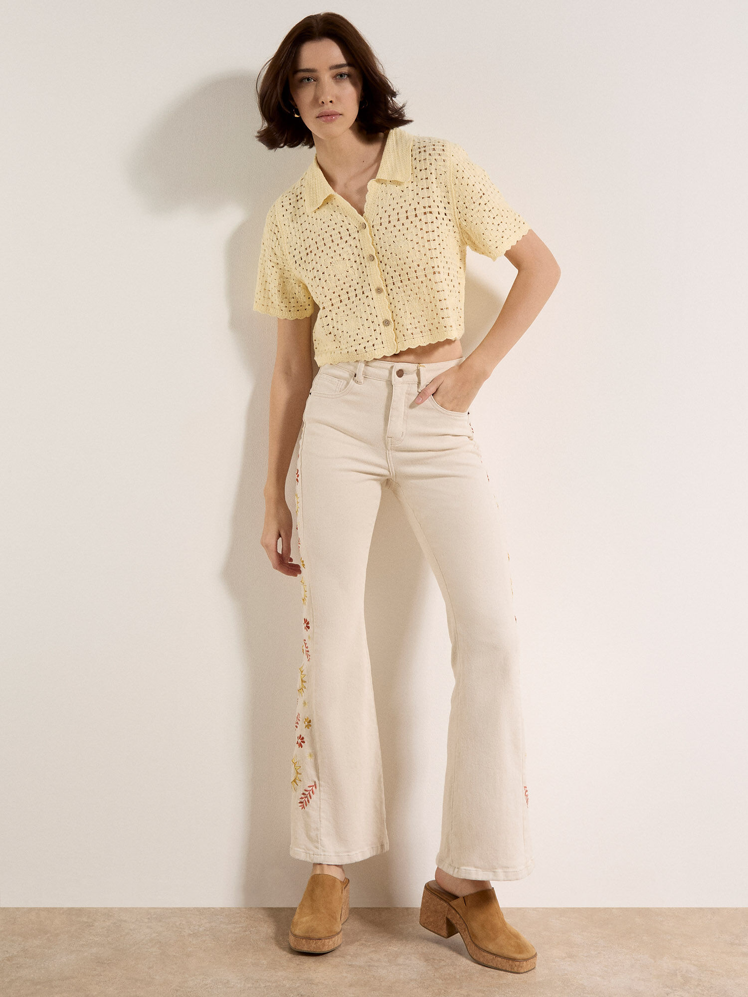 Lulu Floral Embroidered Cotton Flare Jeans | Apricot Clothing