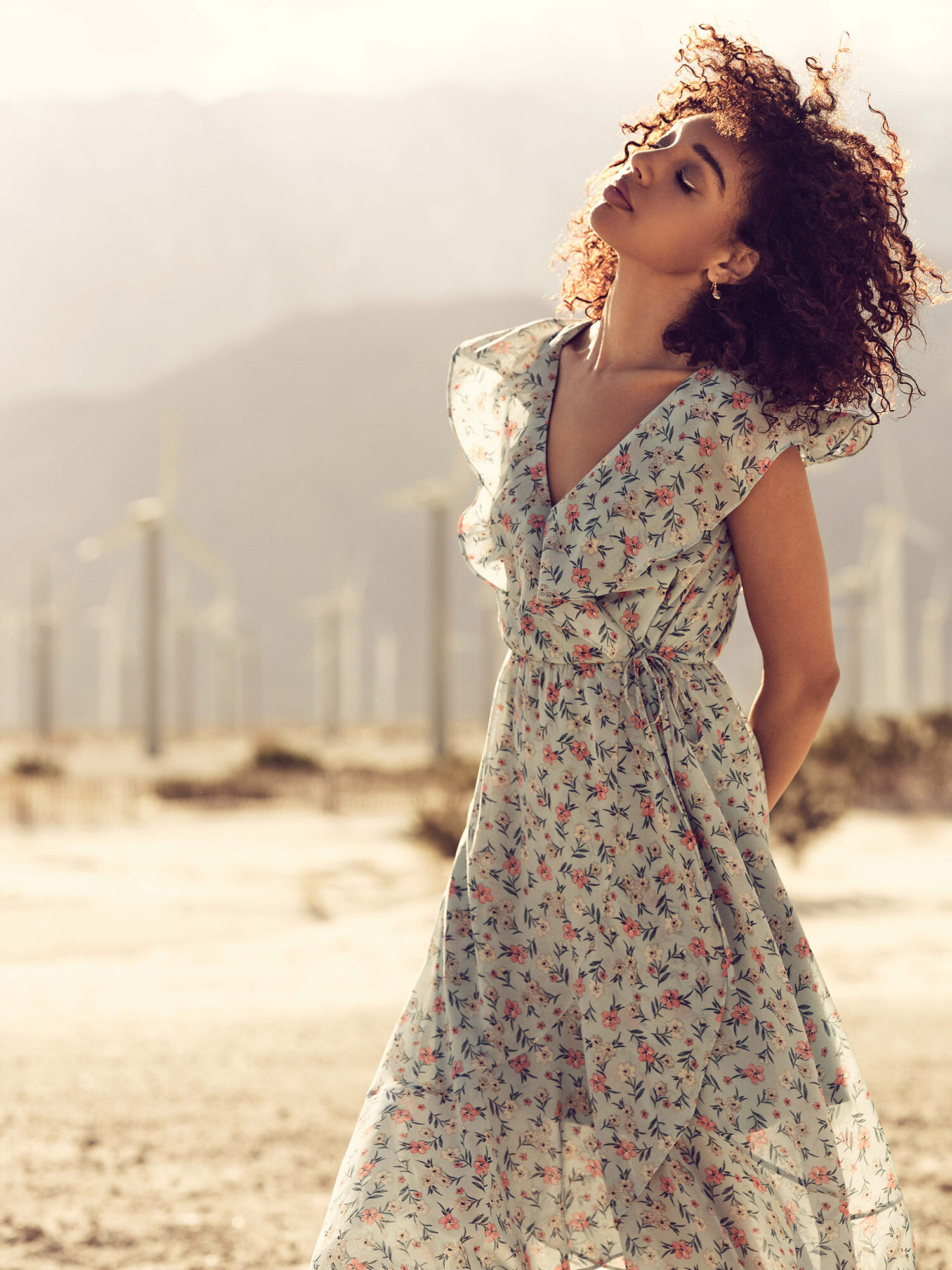 Floral Ruffle Midi Dress Apricot Clothing