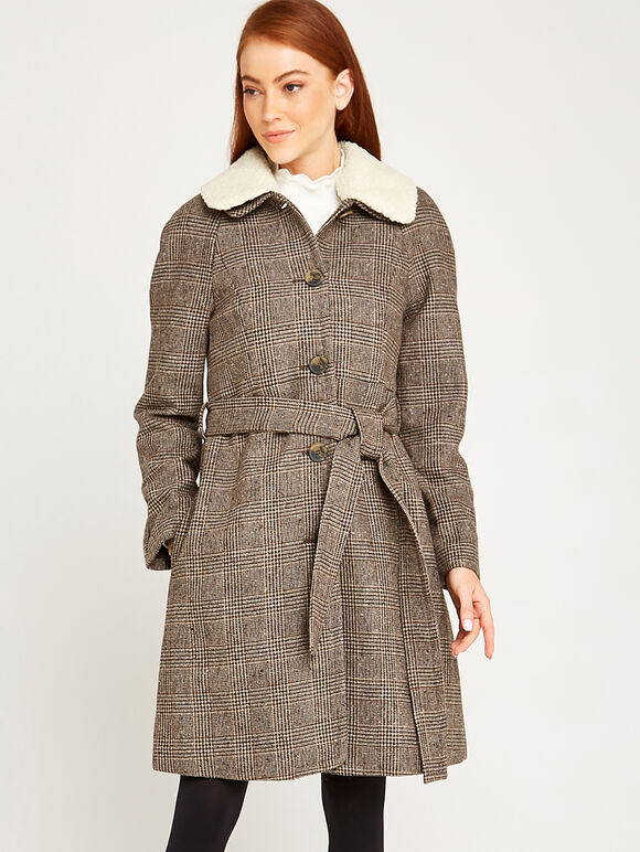 Brown Check Wool Blend Coat, Brown, large