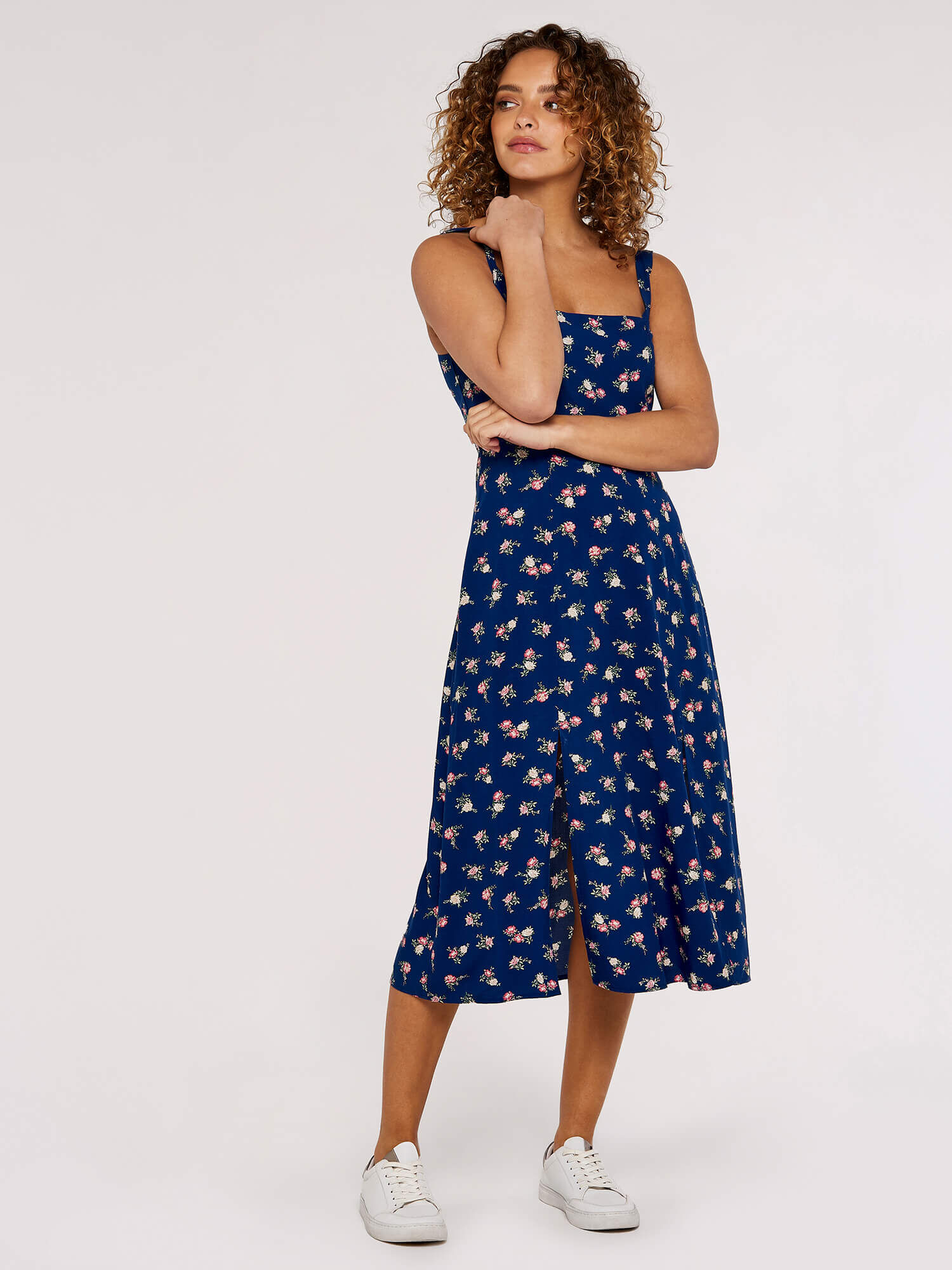 Floral Split Sun Midi Dress Apricot Clothing