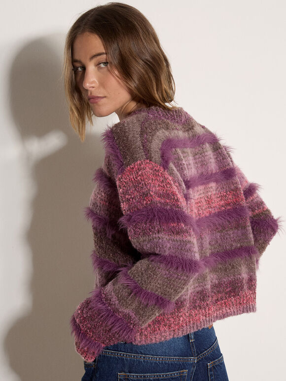 Tonal Stripe Fluffy Jumper, Purple, large
