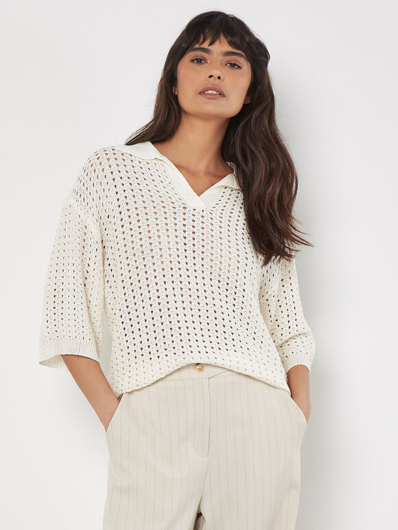 Open Stitch Knitted Top, White, large