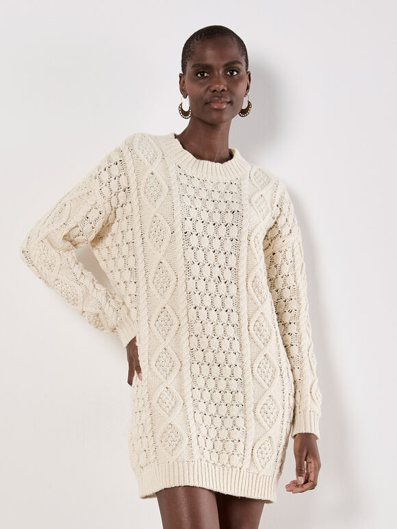 Cable Knit Oversized Jumper Mini Dress, Stone, large