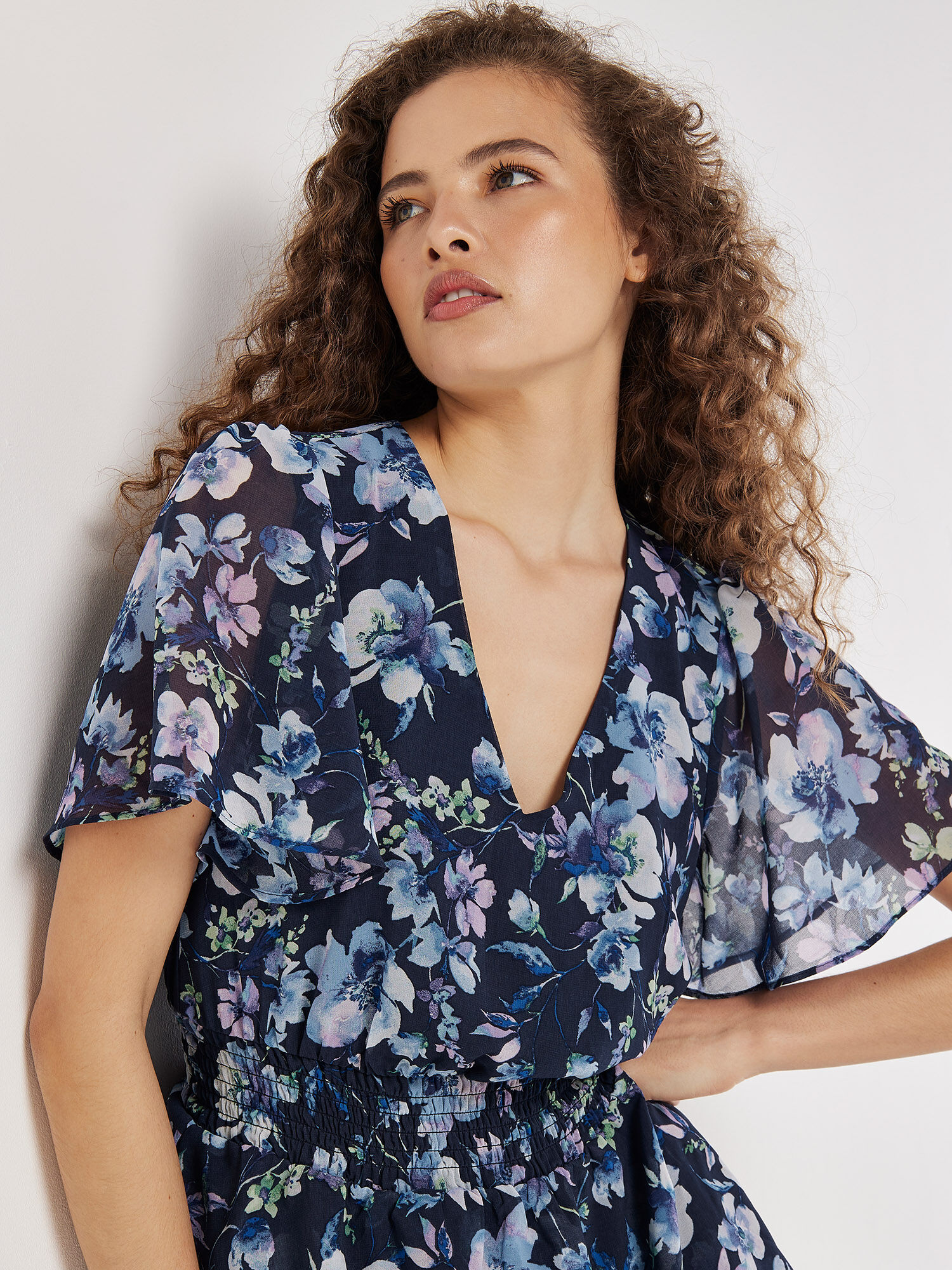 Watercolour Blooms Chiffon Mini Dress Apricot Clothing