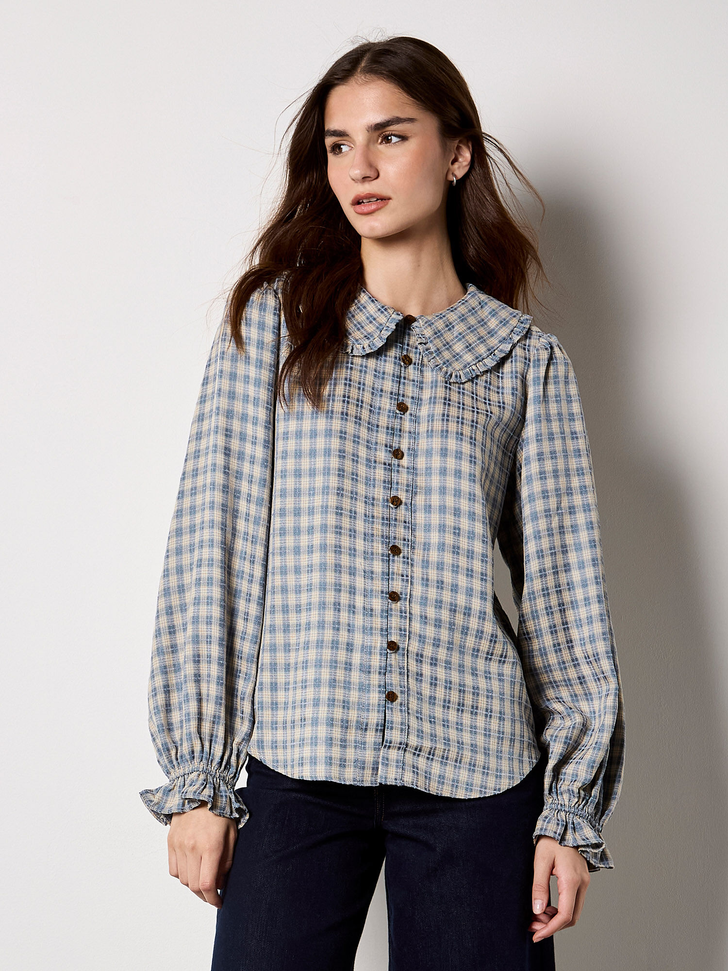 Chenille Check Ruffle Collar Shirt | Apricot Clothing