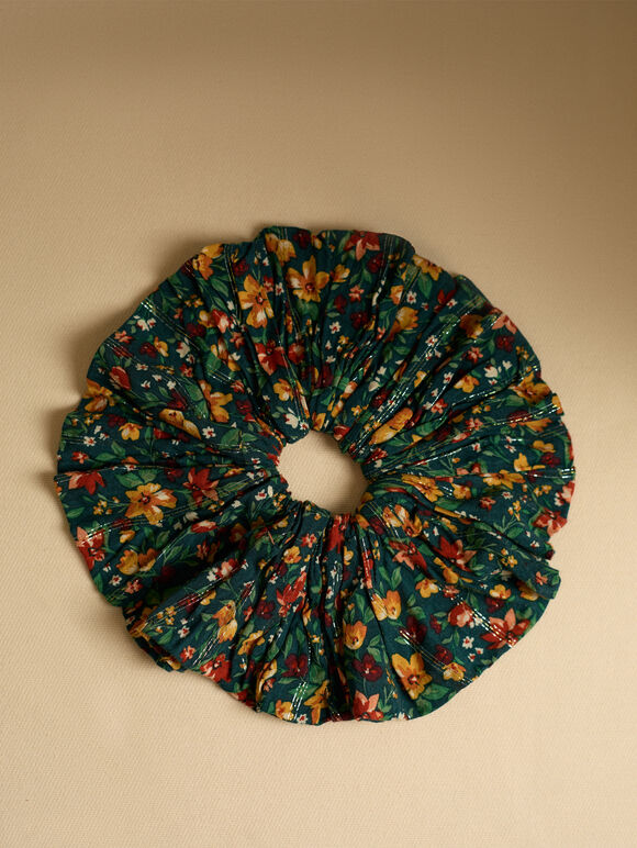 Flower Print Hair Scrunchie, Green, large