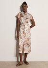 Tropical Leaf Satin Shirt Midi Dress, Stone, large