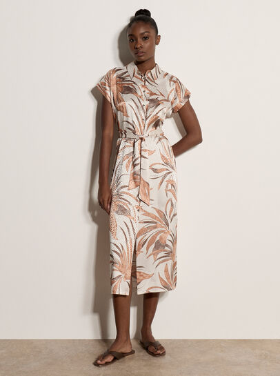 Tropical Leaf Satin Shirt Midi Dress