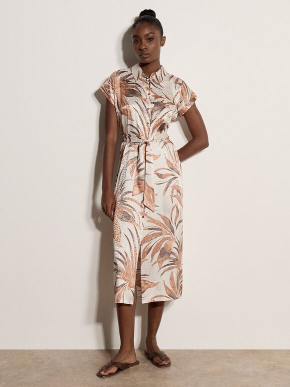 Tropical Leaf Satin Shirt Midi Dress, Stone, large