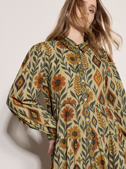 Floral Leaves Cotton Shirt Midi Dress