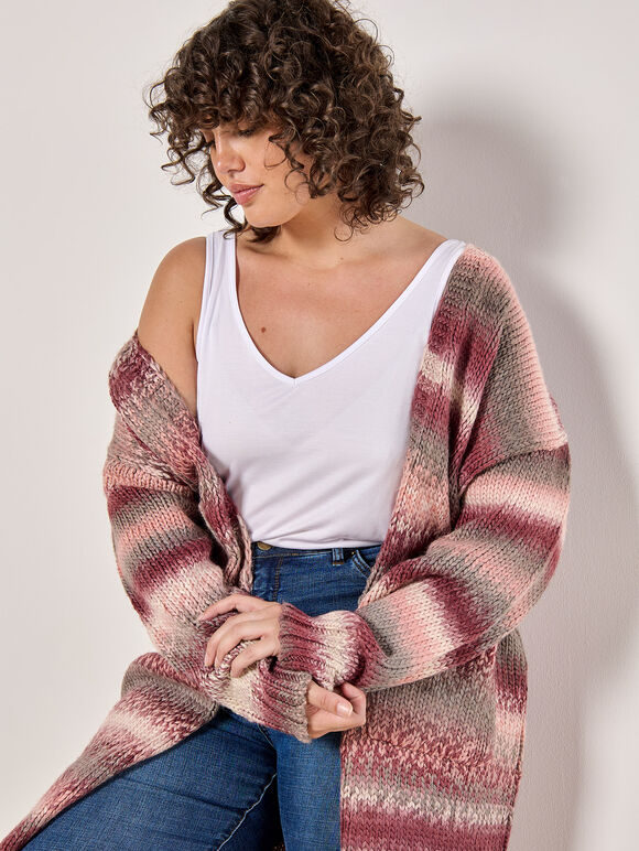 Curve Ombre Chunky Knit Cardigan, Burgundy, large