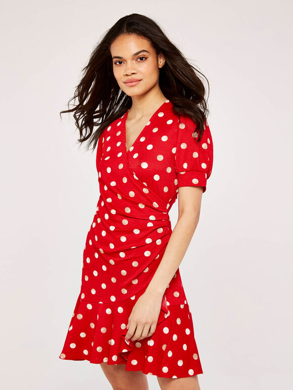 Watercolour Spot Ruffle Dress, Red, large