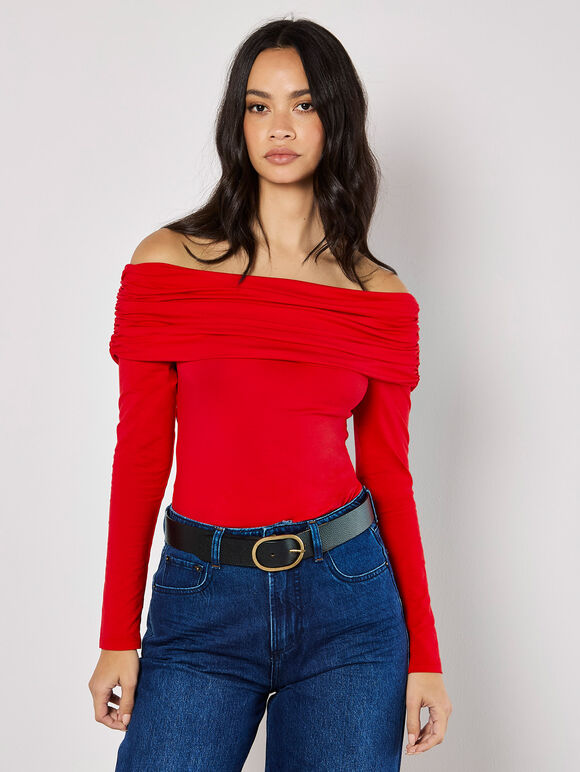 Jersey Bardot Top, Red, large