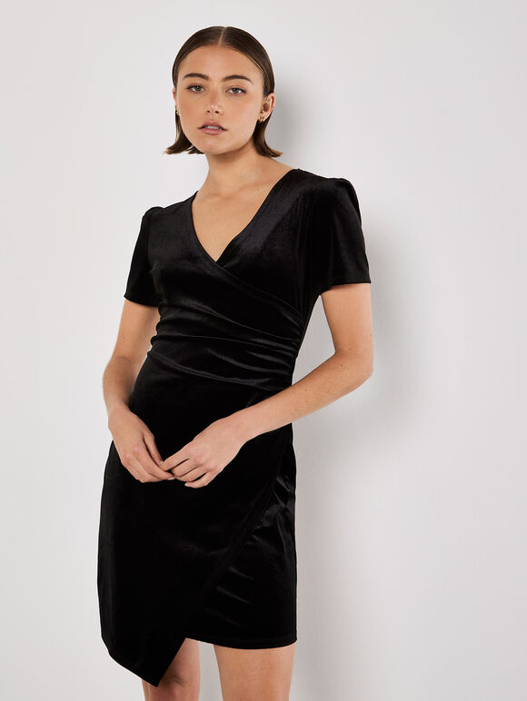 Velvet Ruched Bodycon Mini Dress, Black, large