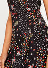 Black Patchwork Floral Wrap Dress, Black, large