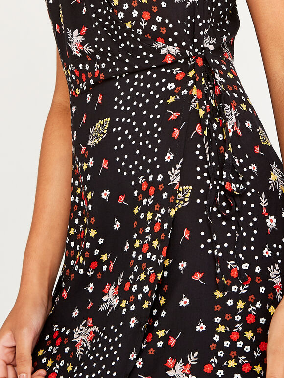 Black Patchwork Floral Wrap Dress, Black, large