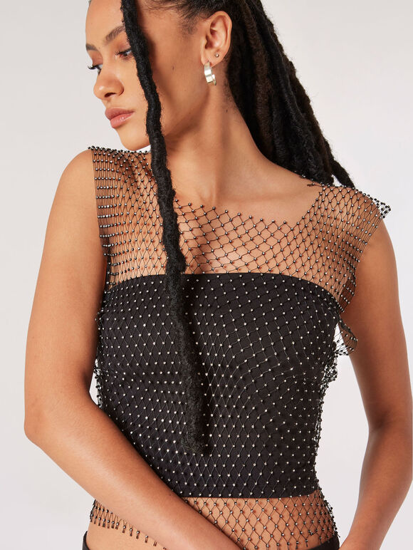 Rhinestone Mesh Tank Top, Black, large