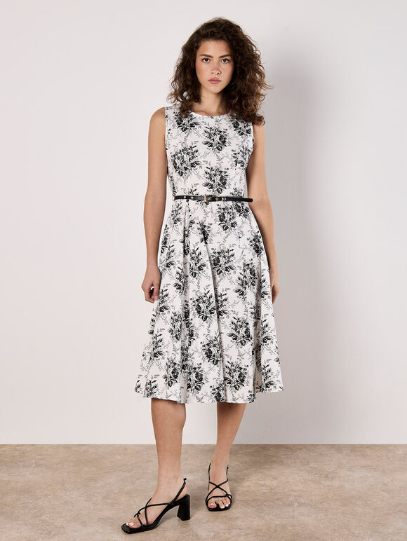 Rose Print Fit and Flare Midi Dress, White, large