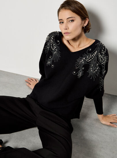 Diamante Feathers Fine Knit Jumper