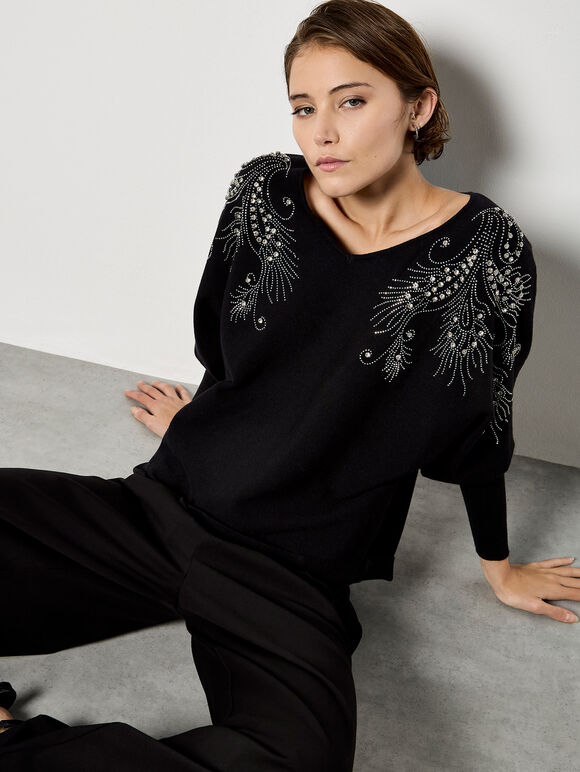 Diamante Feather Jumper, Black, large