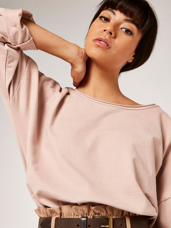Curved High Low Roll Neck Sweater, Pink, large
