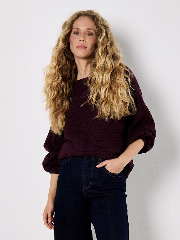 Cable Stripe Batwing Aran Jumper, Purple, large