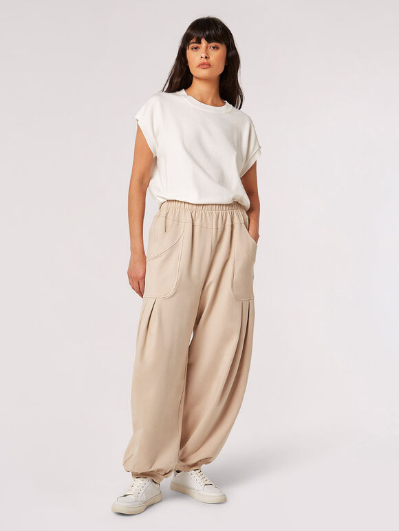 Cotton Pleat Oversized Joggers, Stone, large