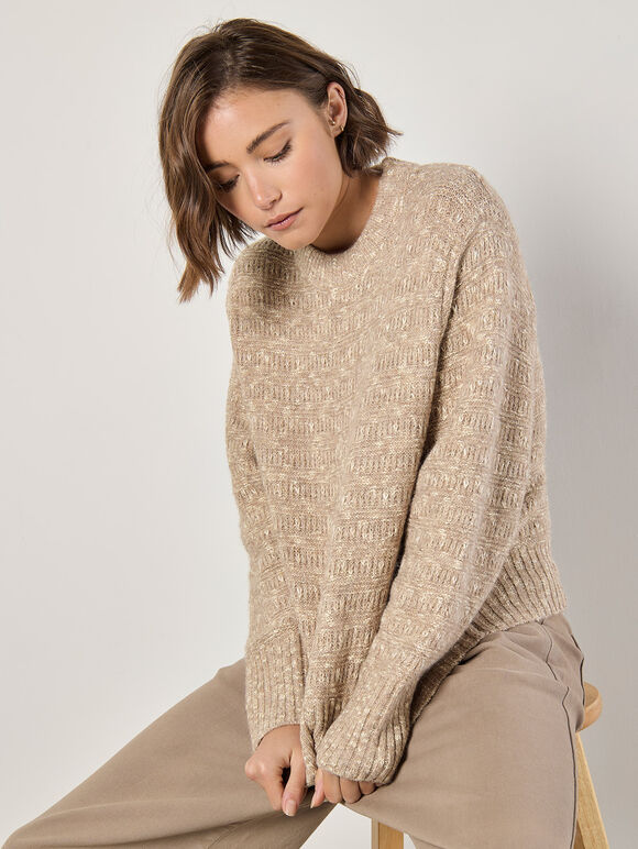 Flecked Knit Chunky Jumper, Stone, large