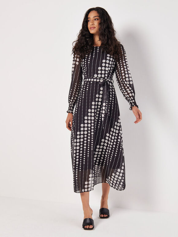 Spot Print Chiffon Midaxi Dress, Black, large