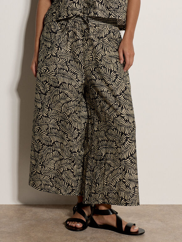 Leaf Print Cotton Culotte Trousers, Black, large