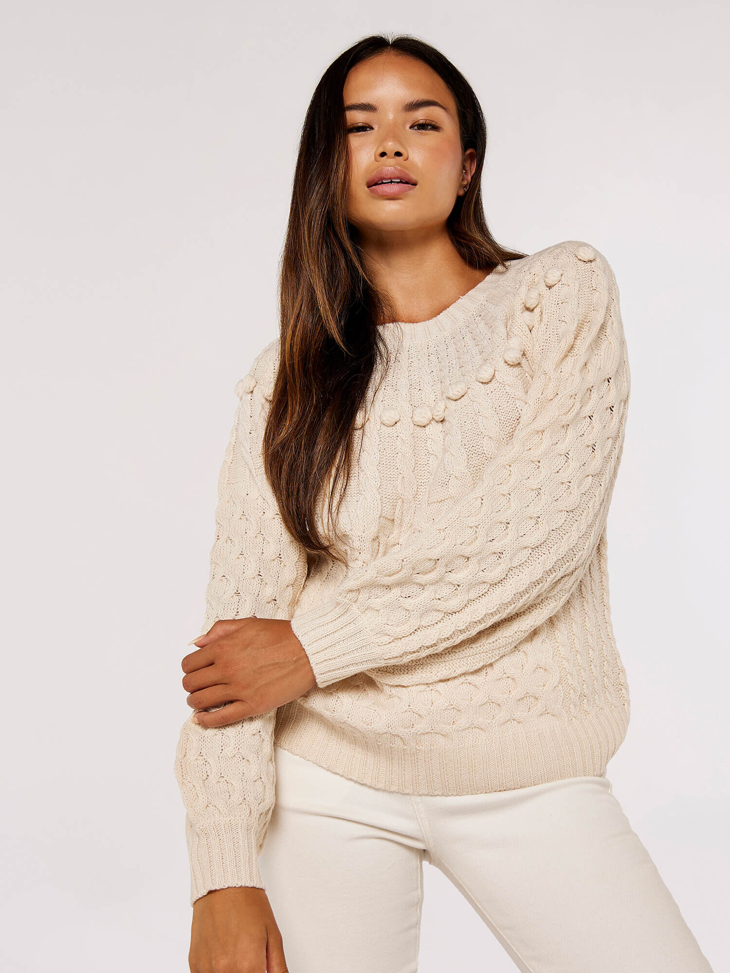 Aran Knit Pom Pom Jumper Apricot Clothing