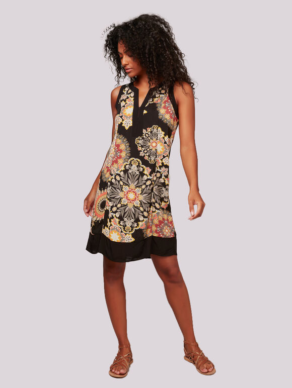 Mandala Solid Border Shift Dress, Black, large