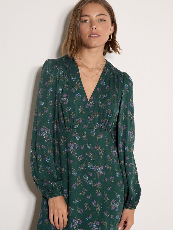 Floral Print Midi Dress, Green, large