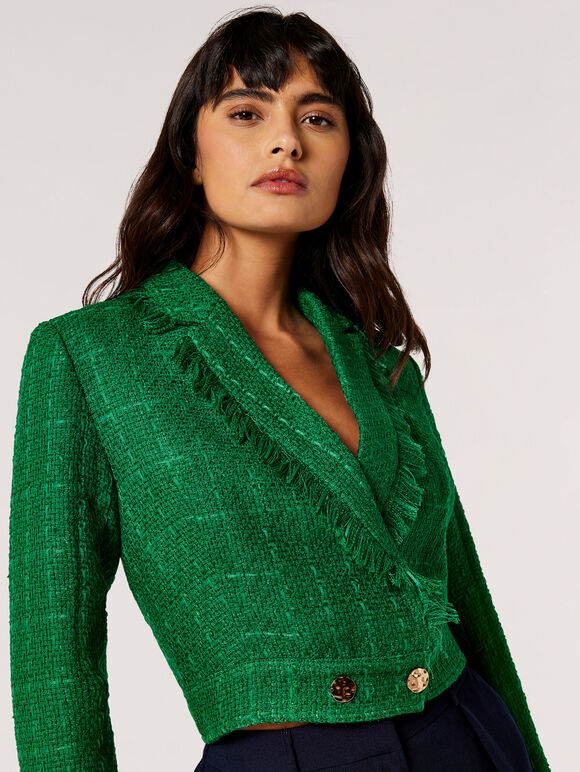 Fringed Cropped Tweed Blazer, Green, large