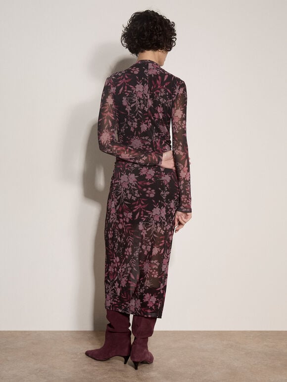 Floral Mesh Midi Dress, Black, large
